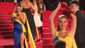 VIDEO - Mujer se rocía sangre falsa en Festival de Cannes por guerra en Ucrania: fue expulsada del evento