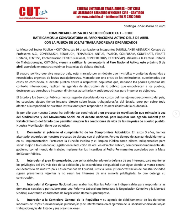 ANEF se suma al llamado a paro nacional convocado por la CUT para este ...